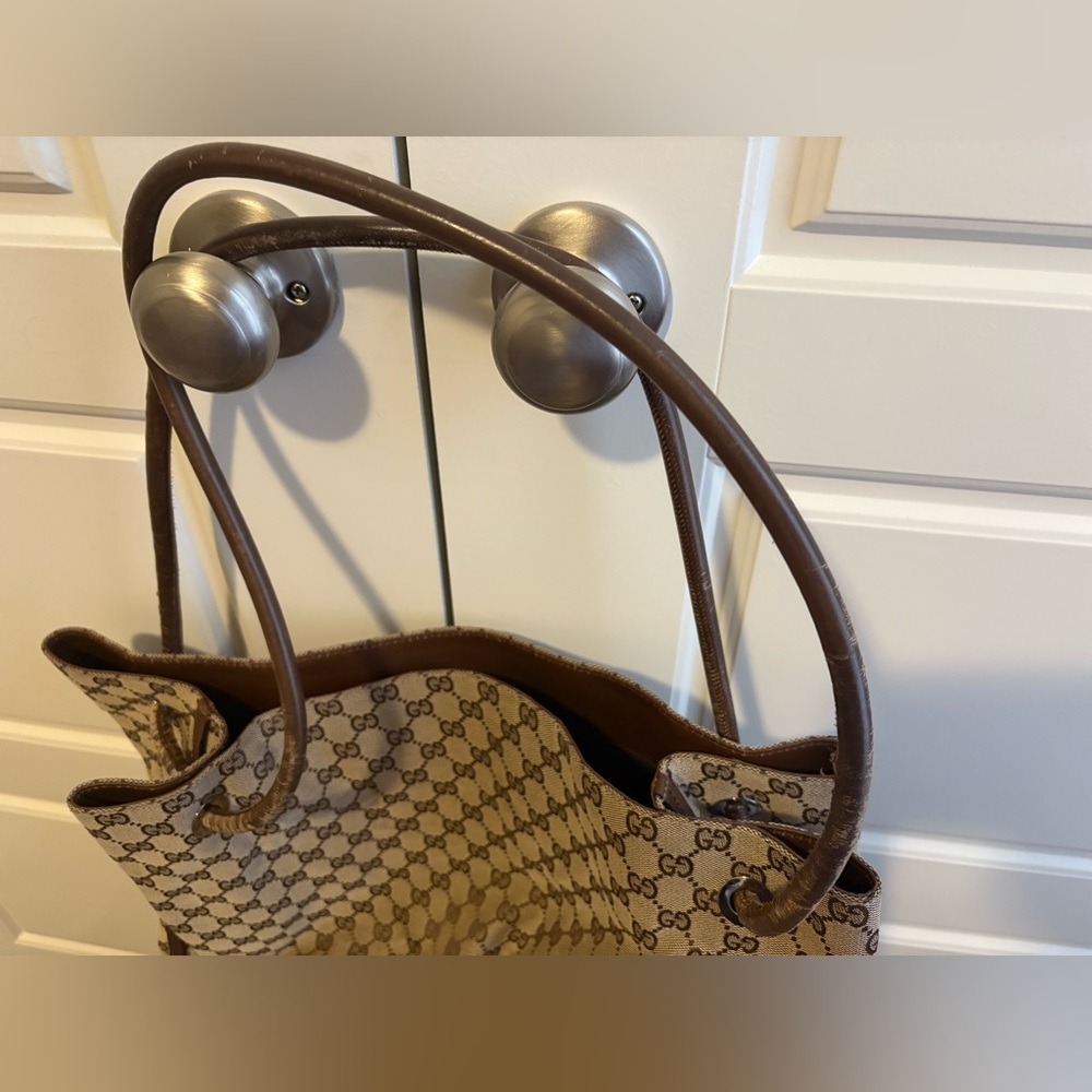 Y2K Vintage Gucci Jumbo GG Monogram Canvas Tote Bag • Brown Leather Straps - Picture 7 of 15